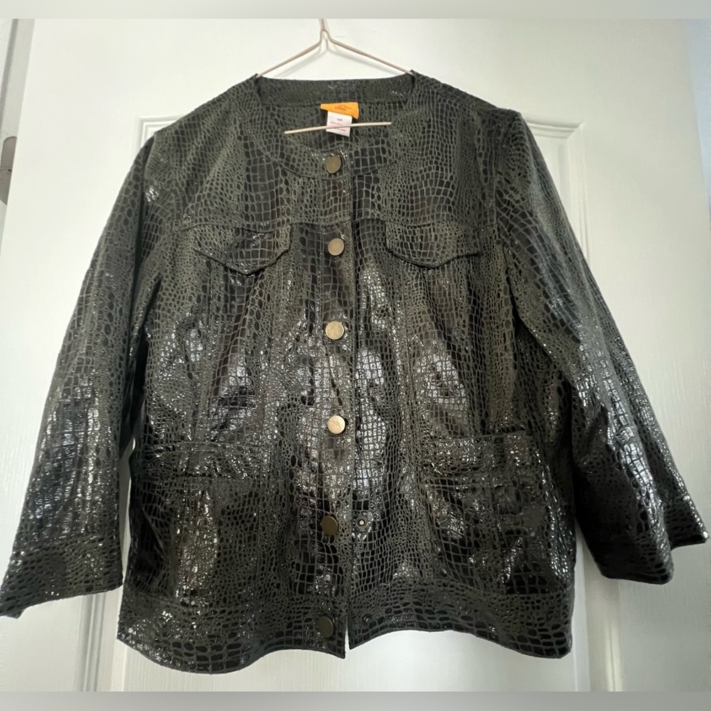 Ruby Rd.  Crocodile print Jacket.  Green/Black metallic.  Leather like. Size 12P